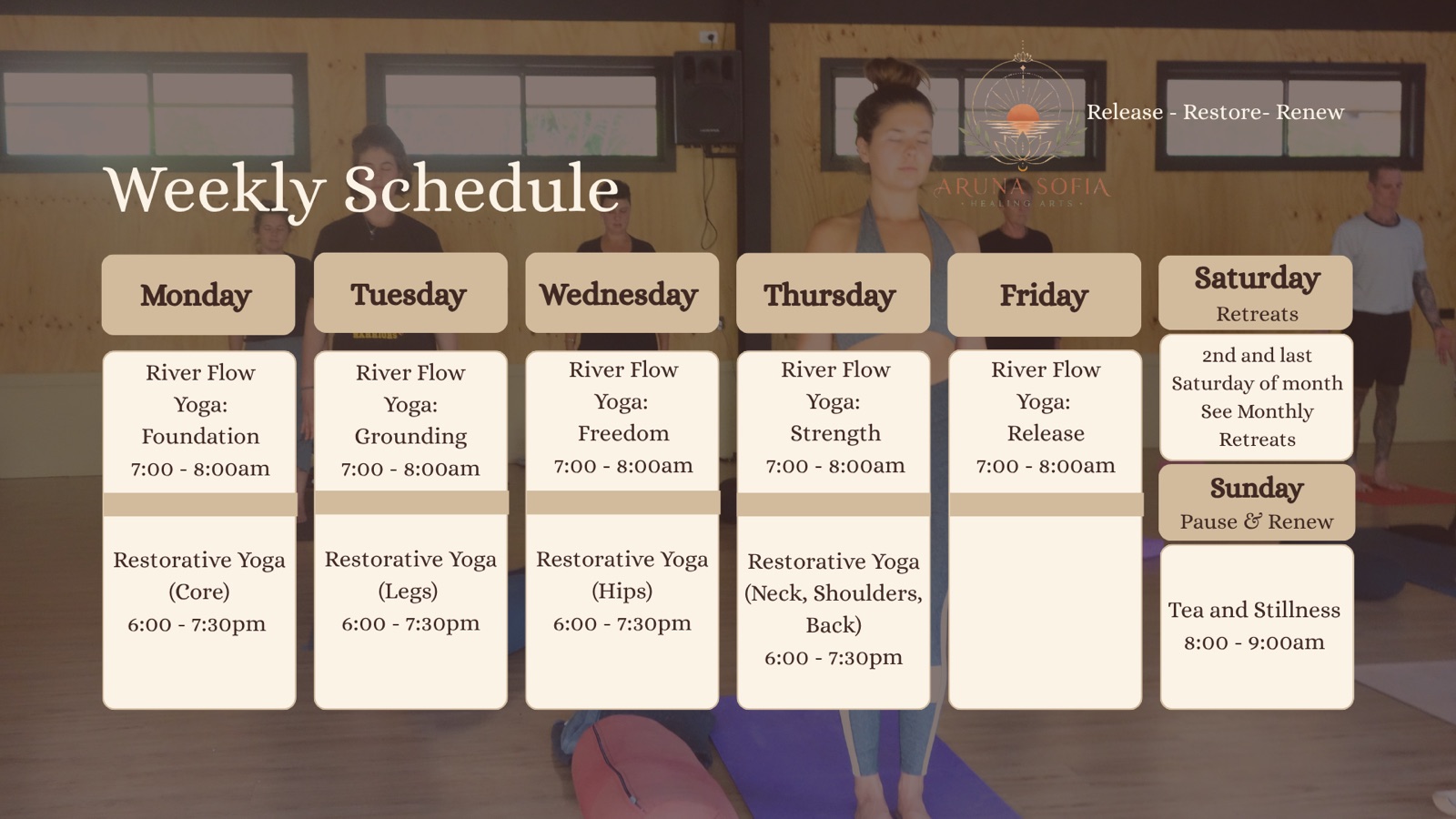 Weekly schedule of yoga classes, retreats and Tea and Stillness